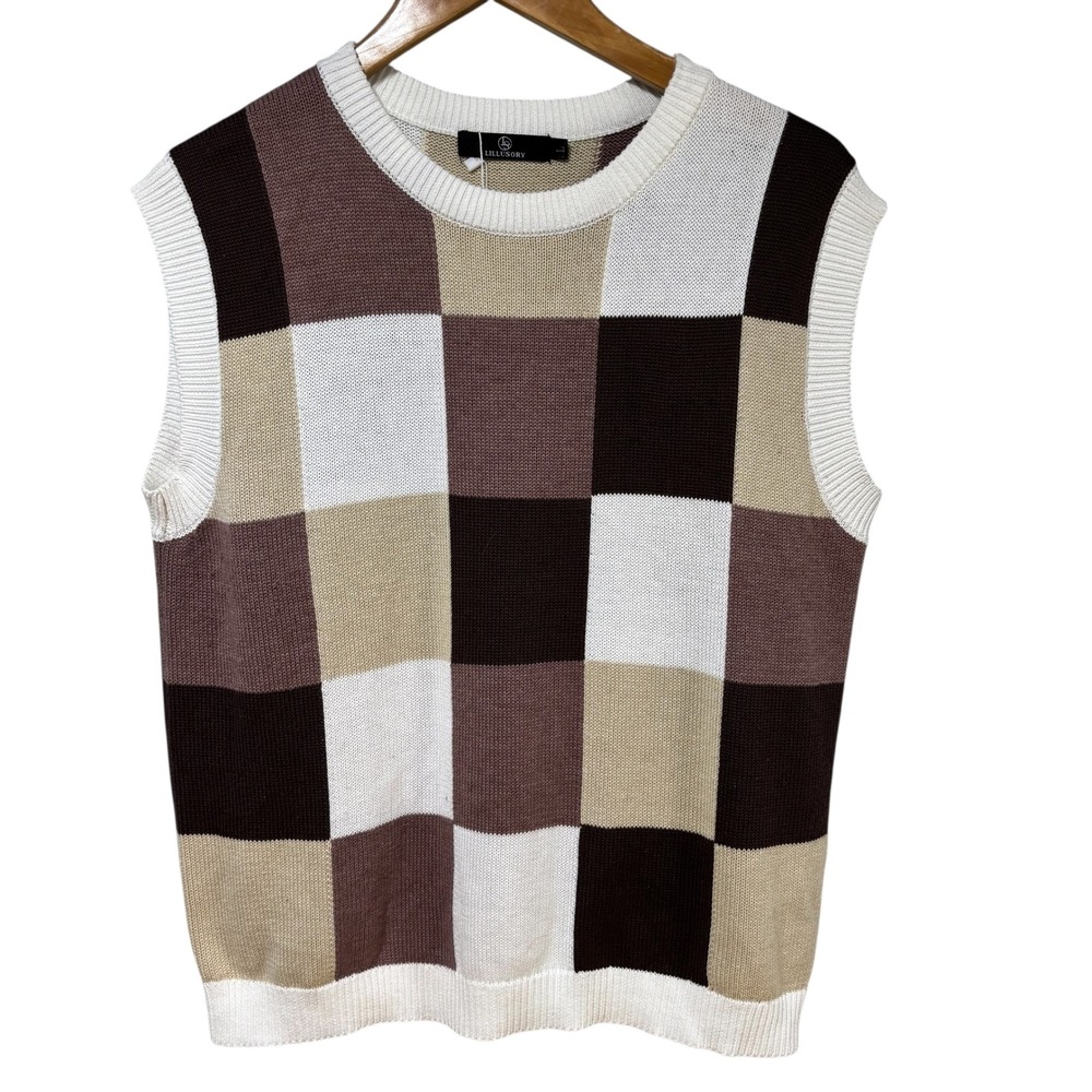 NWT Checkerboard Knit Sweater Vest Size L Brown Cream White Sleeveless #865